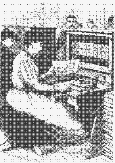 Archivo Gif de una ilustración
antigua donde aparece una mujer y una computadora mecánica