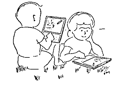 Archivo GIF con ilustración donde aparecen dos niños usando lo que parece ser una computadora o un pizarrón