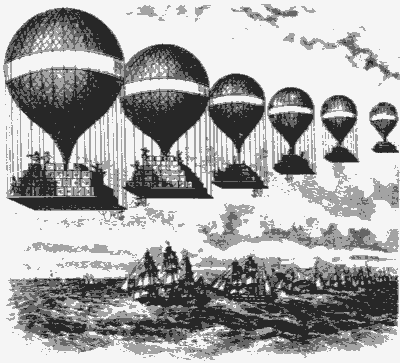 Archivo en formato Gif de una
ilustración antigua donde se aprecian seis globos sobrevolando 
barcos de vela.