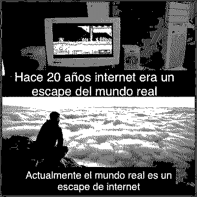 Archivo png de un Meme donde un equipo de cómputo de los 90 y la frase hace 20 años internet era unescape del mundo real. Abajo una foto de una persona viendo desde una montaña el horizonte lleno de nubes con la frase: Actualmente el mundo real es un escape de Internet