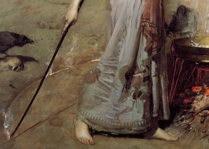 El trazo humeante del círculo, los pies descalzos, los dibujos en el vestido, y quizás veo mal, pero el cuervo parece estar posado sobre una calavera.
