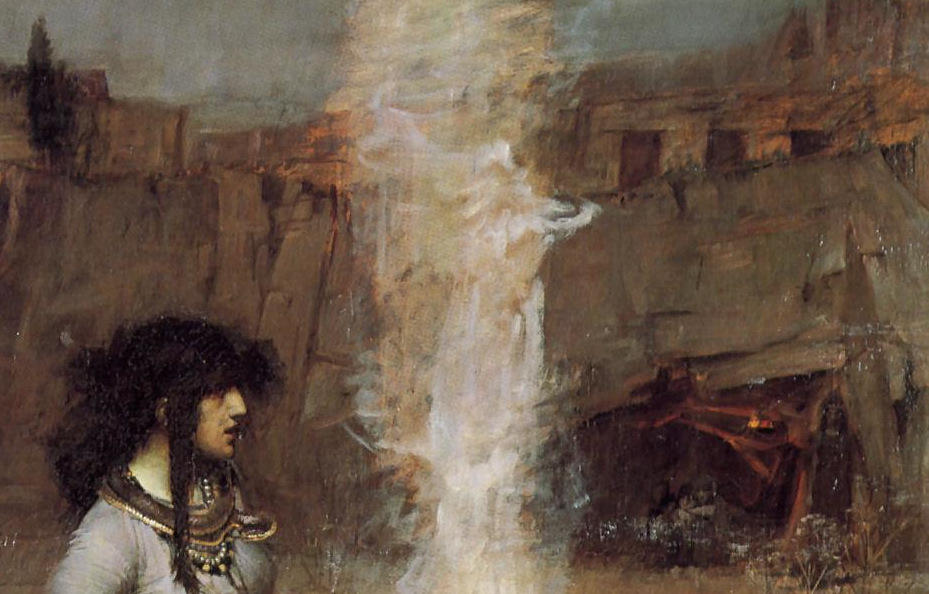Extrañas formas en el humo o vapor blanco, en el fondo, una persona parece estar sentada en una cueva iluminada por una lámpara, arriba, construcciones de algún tipo, casas o algún templo.