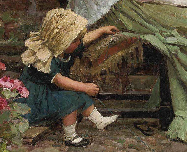 La nena con un solo zapato jugando con un hilo o un palito y su pié, la tela colgando de la parte de abajo de la silla