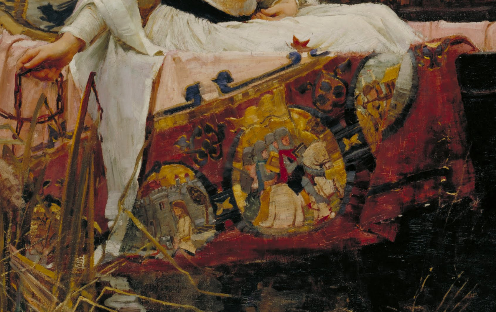 El tapiz sobre el cuál está sentada que cae sobre el borde del barco, así como la manga blanca que casi toca el agua. En otro cuadro de Waterhouse llamado nada menos que “I am half-sick of shadows, said the lady of Shalott”, retrata al mismo personaje tomándose un descanso de su trabajo en un telar en el que teje un tapiz similar.